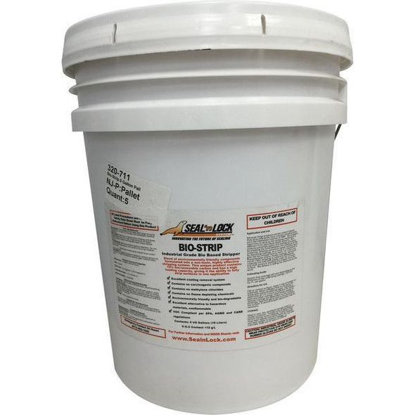 J.Racenstein Bio-Strip 5 Gallon Pail, white industrial-grade bio-based stripper in large plastic bucket.