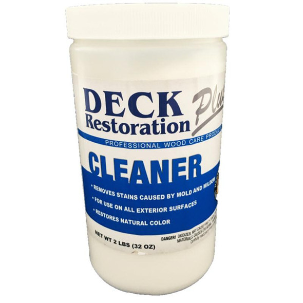 J.Racenstein Deck & Wood Cleaner DRP, white plastic container with blue and white label showing product details