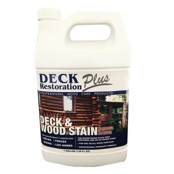 J.Racenstein Seneca Brown Deck & Wood Stain DRP, one-gallon container of professional wood stain for decks, fences, siding, and log homes.