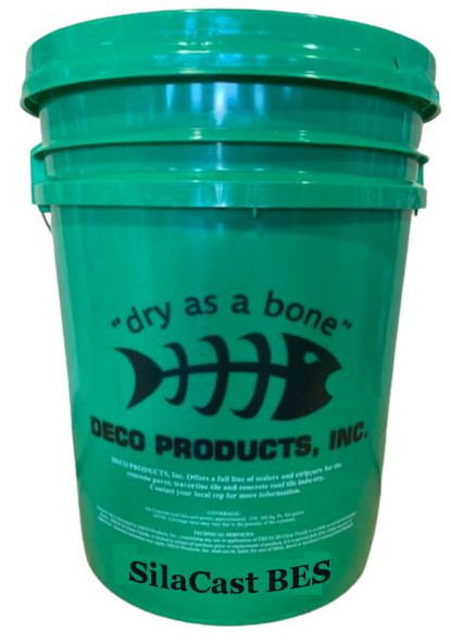 Deco Products Inc. SilaCast BES Wet Look Sealer Deco, green bucket of sealer with fishbone logo and product name.