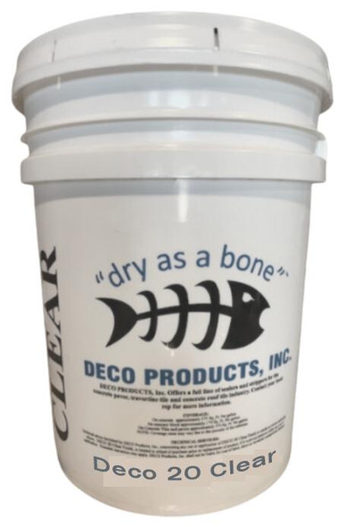 Deco Products Inc. Deco 20 Clear Concrete Sealer Matte Finish, a white bucket of concrete sealer with product label featuring the tagline 'dry as a bone' and a fishbone graphic.