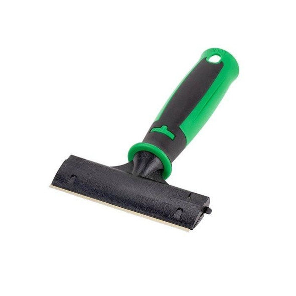 Unger Scraper Ergotec Glass 6in Unger, a handheld glass scraper with a green and black ergonomic handle and a sturdy scraping blade for cleaning and maintenance.