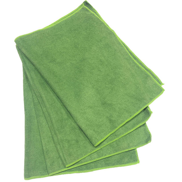 J.Racenstein ProTool Towel Microfiber Green 16in x 24in Pro, a stack of three green microfiber towels with stitched edges, perfect for cleaning and detailing.