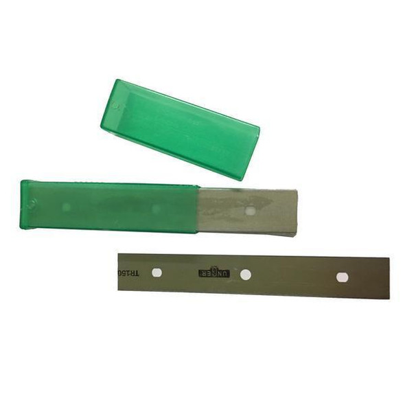 Unger Blades ErgoTec Carbon 06in (25) Unger, green replacement squeegee blades and a gray rubber blade for window cleaning and glass washing.