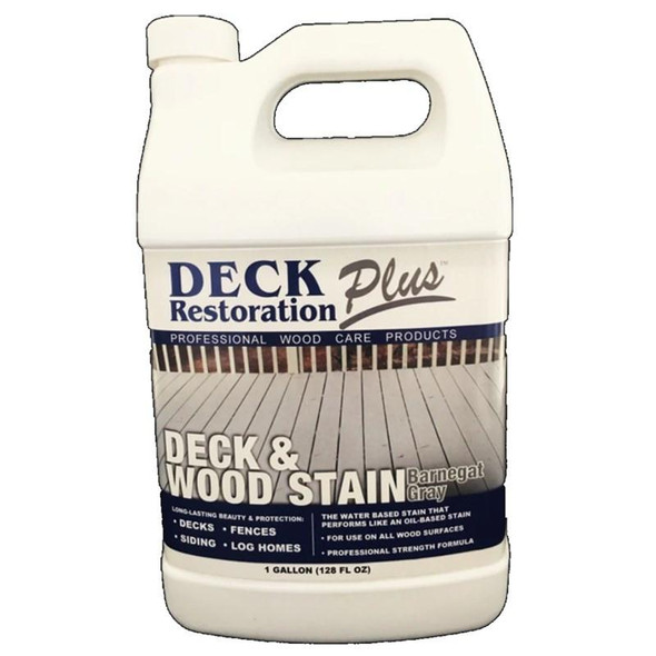 J.Racenstein Deck & Wood Stain Barnegat Gray Gallon DRP, image of a white gallon container of deck and wood stain product for outdoor wood surfaces.