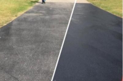 Deco Products Inc. Bio BlackTop Asphalt Sealer, side-by-side comparison of an asphalt driveway before and after sealing with BlackTop asphalt sealer.