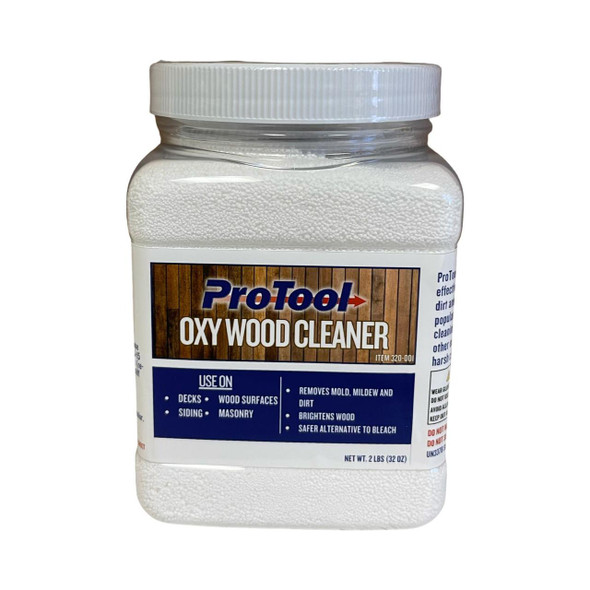 ProTool Oxy Wood Cleaner, container of white powder cleaner for wood surfaces.