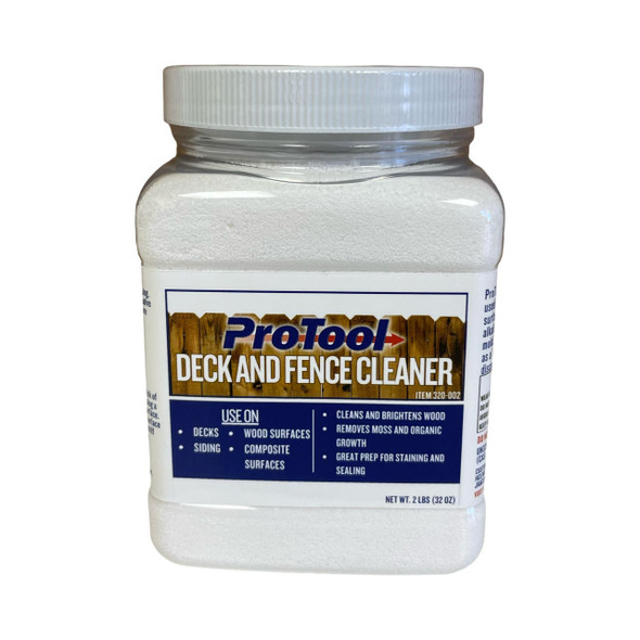 ProTool Protool Deck and Fence Cleaner, white powder in a clear plastic container with a screw-on lid, labeled for cleaning wood surfaces, decks, and fences.