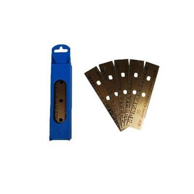 Moerman Blades 4in Moerman, set of five replacement blades and a blue blade storage container.