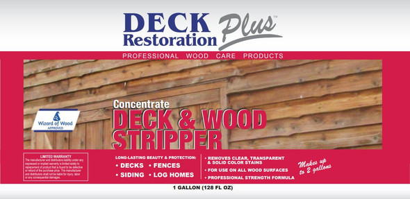 J.Racenstein Deck & Wood Stain Stripper 1 Gal DRP, product packaging with wood siding background and product details.