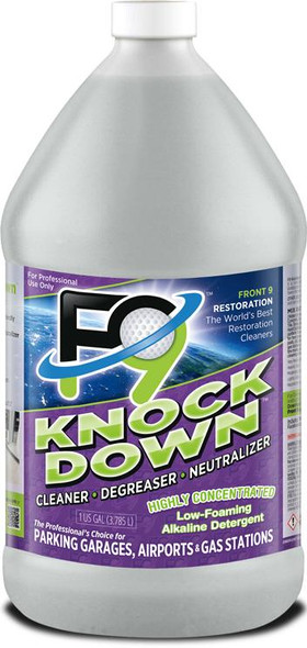 Front9 Restoration Products F9 Knockdown, a white bottle of highly concentrated low-foaming alkaline degreaser cleaner.