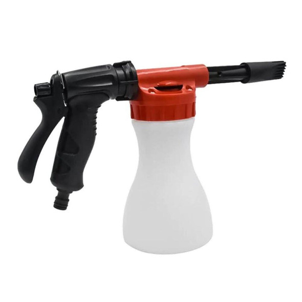 J.Racenstein Foamer Gun - Car Wash Garden Hose Attachment, handheld foam sprayer with trigger, black handle, red and white bottle for applying foam during car washing or garden cleaning.