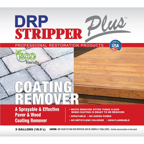 J.Racenstein Deck & Wood Stripper Plus 5 Gallon DRP with label showing professional restoration product for coating removal from decks and wood surfaces
