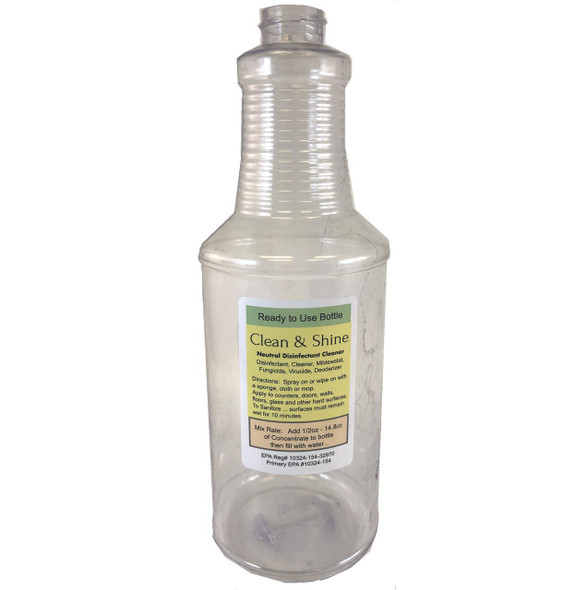 ProTool Bottle 32oz with Clean & Shine Label, clear plastic ready-to-use disinfectant cleaner bottle for sanitizing surfaces.