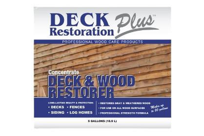J.Racenstein Deck & Wood Stain Restorer 1 Gal DRP, product packaging with wood deck background and product details for restoring gray and weathered wood surfaces.