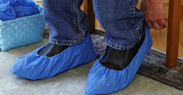 J.Racenstein Shoecover Skid Resistant, blue waterproof shoe covers protecting shoes from water and dirt.