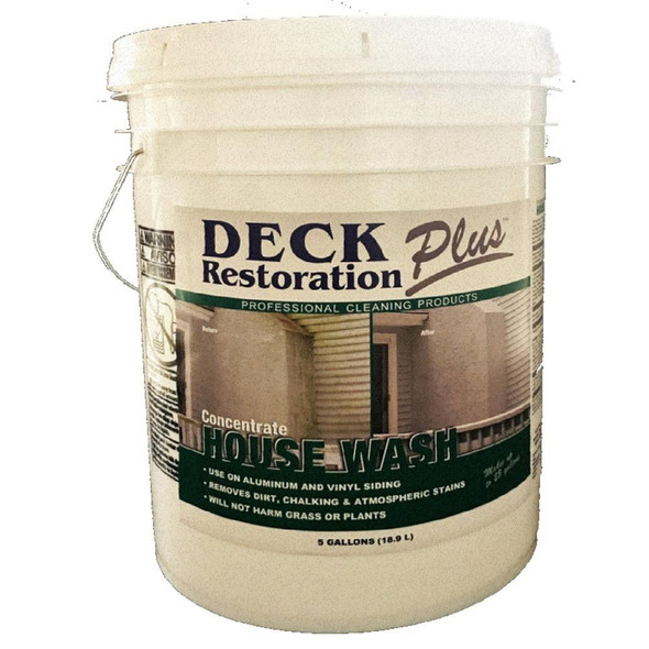 J.Racenstein House Wash 5Gallon DRP, image of a white bucket containing professional-grade house cleaning product for siding, with label detailing usage and specifications.