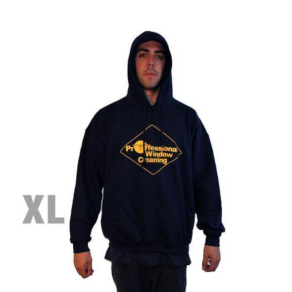 ProTool Navy Sweatshirt w/Hood XL, a navy blue hoodie with a yellow logo and text for professional window cleaning, worn by a male model.