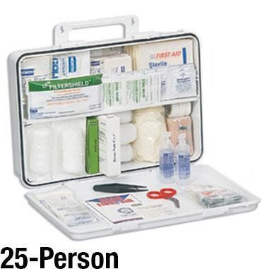 ProTool First Aid Kit - For 25 Persons, a portable metal first aid kit containing various bandages, antiseptic wipes, scissors, and medical supplies for emergency treatment.