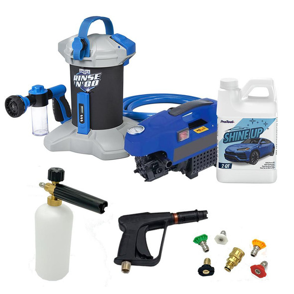 J.Racenstein The TRIFECTA Kit, complete car detailing and cleaning kit with sprayer, foam blaster, wash shampoo, and various nozzles.