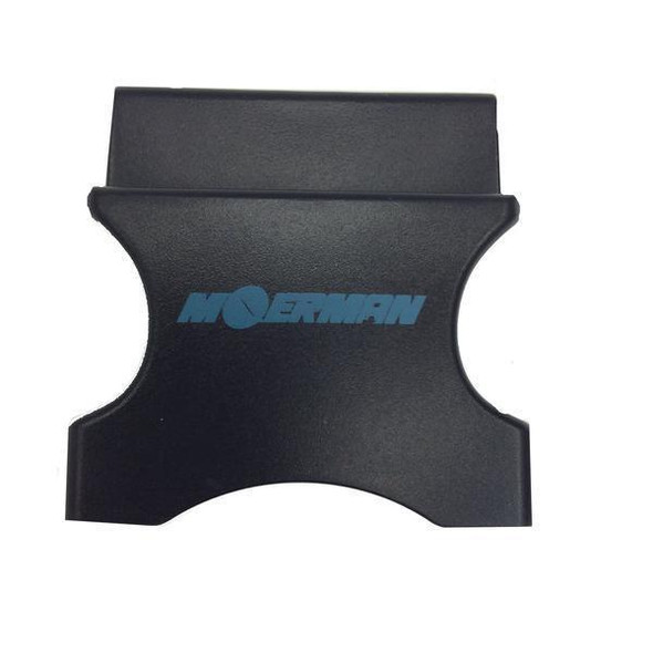 Moerman Bucket on a Belt Clip 2017 Style Moerman, a black plastic belt clip holder with the Moerman logo in blue, designed to attach a bucket to a belt for convenient movement.