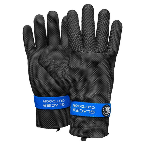 J.Racenstein Kenai Neoprene Gloves, black waterproof gloves with textured grip and blue wrist strap.