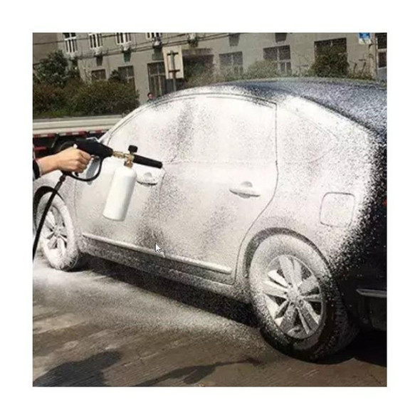 ProTool Foam Cannon Bottle for Wash Sprayer Pressure, person using foam cannon to apply foam to a black car during washing.