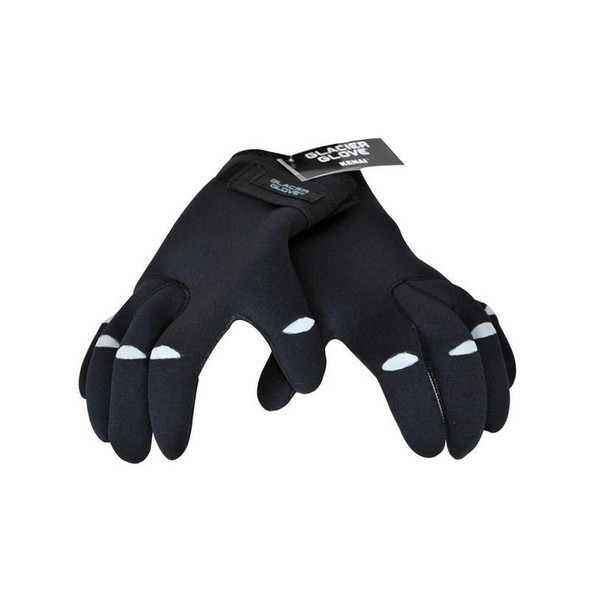 J.Racenstein Kenai Curved Neoprene Gloves, black neoprene gloves with curved design and white accents on fingers for fishing or outdoor activities