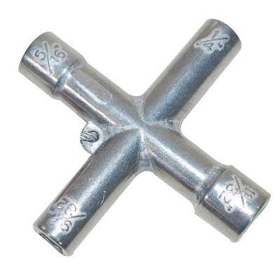 ProTool Four-Way Water Key, metal T-shaped water access tool with four connectors for plumbing or water line systems.