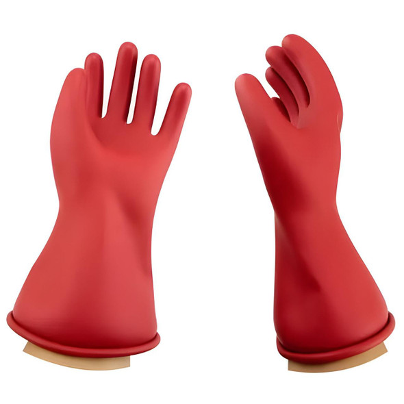 J.Racenstein Gloves 5kv Rated Class 0 Large Natural Rubber, a pair of large red rubber gloves for electrical safety and protection.