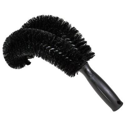 Unger Pipe Brush, Curved 11in, Unger - Image of a curved black pipe cleaning brush with dense bristles and a black handle.