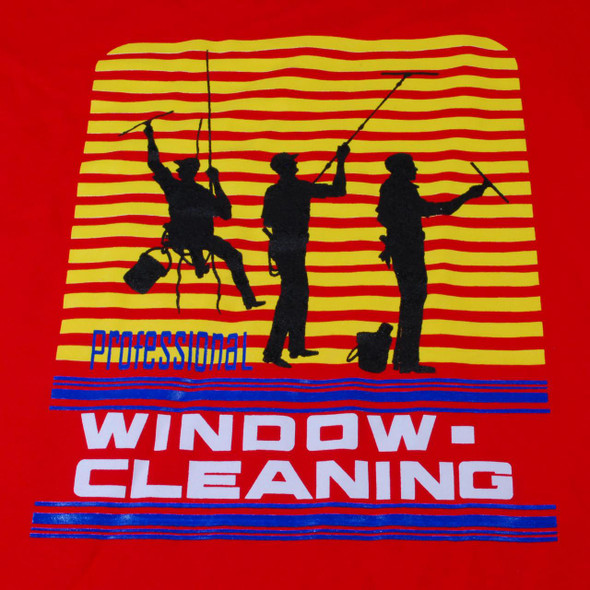 J.Racenstein T-Shirt with Pocket 3 Dudes Red, graphic design of three silhouetted workers with cleaning tools under yellow and red horizontal stripes, and text 'Professional Window Cleaning' in blue and white.