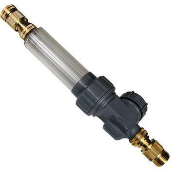 Unger HiFlo Soap Dispenser Unger, a high-quality soap dispensing tool with a clear cylindrical body and black and brass fittings for efficient soap application.