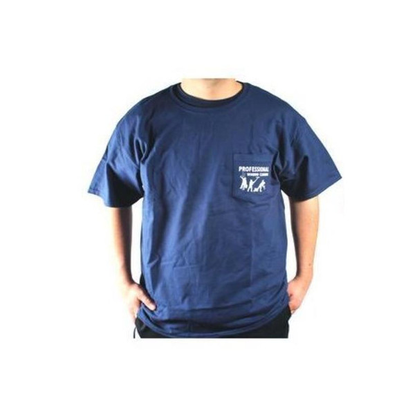 J.Racenstein 4 Dudes Navy Blue T-Shirt, front view of the casual men's T-shirt with a small chest pocket featuring graphics and text.