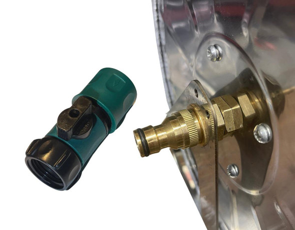 ProTool 10in wide Stainless Steel Reel, close-up of the metal reel connection fitting with brass components on a metallic surface.