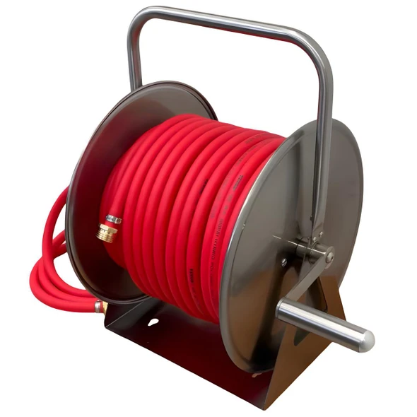 ProTool Reel Stainless Steel with 100ft 3/8in Hose, a heavy-duty stainless steel hose reel for industrial or commercial use with a 100-foot long 3/8-inch diameter hose.