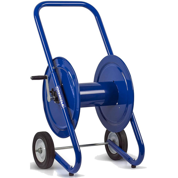 J.Racenstein Reel Dolly style 225/300ft 4000psi Cox, a blue portable reel dolly with wheels and crank handle for hoses or cable management.