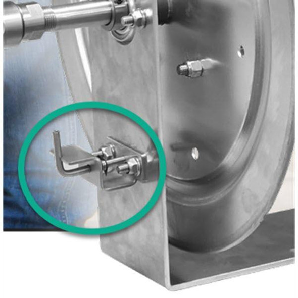 J.Racenstein Reel Locking Kit, close-up of the locking mechanism attached to a large industrial reel for secure handling and storage.