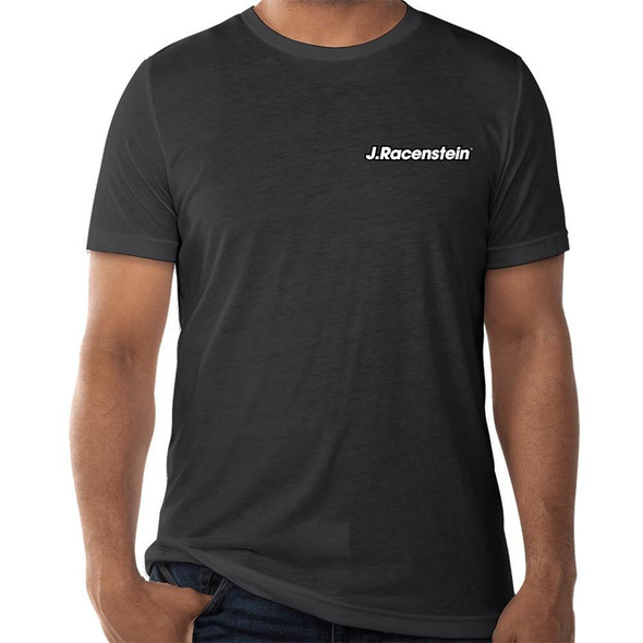 J.Racenstein J Racenstein Gardiner World Tour T Shirt, black casual T-shirt with white and black logo on the chest.
