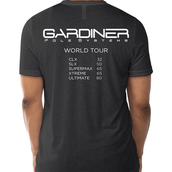 J.Racenstein J Racenstein Gardiner World Tour T Shirt, black T shirt with white text listing tour dates and sizes on the back.
