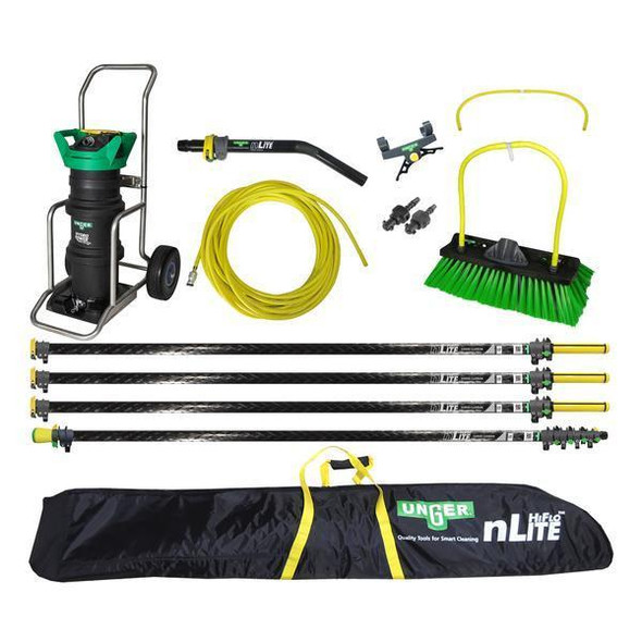 Unger HydroPower Ultra Professional 55ft Kit, image showing a pressure washer, yellow hose, cleaning tools, extension poles, and carrying case for professional window cleaning.