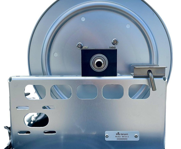 ProTool Reel 200ft 1/2in or 300ft 3/8in hose Aluminum Reel SS Swivel SH Capable, image of a metallic hose reel with a large circular drum, adjustable stand, and swivel connection for durable and convenient hose storage and dispensing.