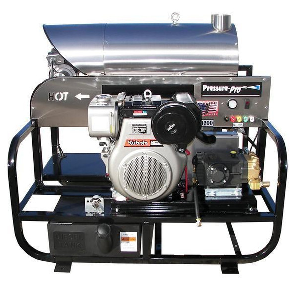 PressurePro 4.0g 3500psi Hot VBelt 12v Skid, industrial pressure washer with stainless steel body and engine, mounted on black metal frame for mobility.