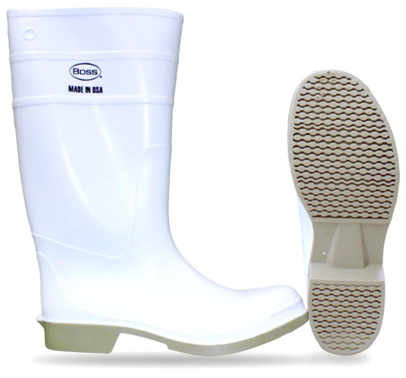 J.Racenstein PVC White Boot, white waterproof PVC rain boot with non-slip sole and brand logo on the upper part.