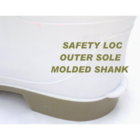 J.Racenstein PVC White Boot, close-up view of the shoe showcasing the safety location, outer sole, and molded shank.