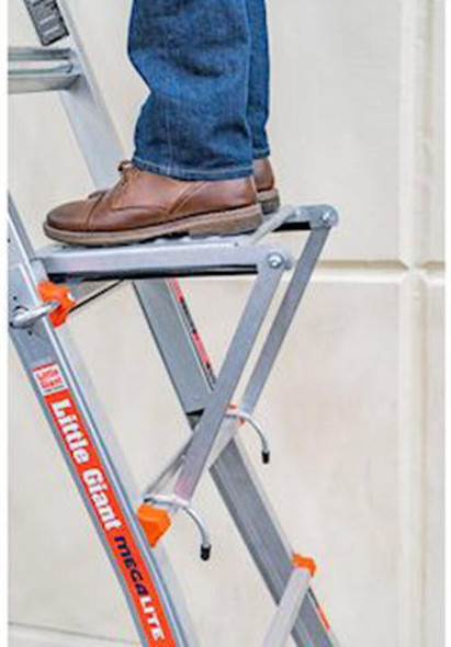 J.Racenstein Ladder Work Platform Little Giant, aluminum ladder with a person standing on it, showing its sturdy, foldable design suitable for residential or commercial maintenance tasks.