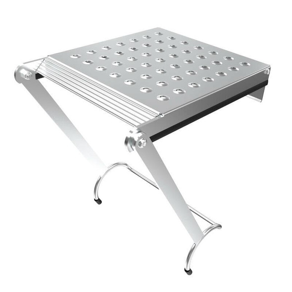 J.Racenstein Ladder Work Platform Little Giant, portable aluminum work platform with a perforated surface and folding legs for stability and easy storage.