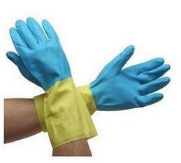 J.Racenstein Neoprene/Latex Chem Resistant Gloves, pair of blue gloves with yellow cuffs designed for chemical protection and durability.