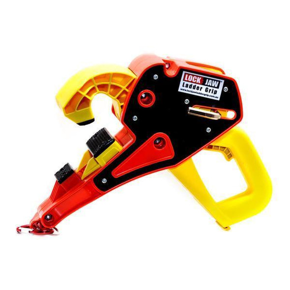 ProTool Lock Jaw Ladder Grip, a specialized tool with red, yellow, and black parts designed for secure ladder grip and safety.