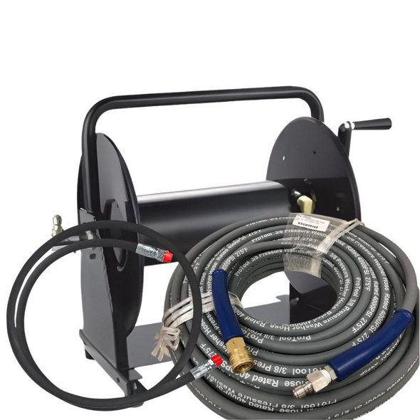ProTool Pressure Wash reel with 100ft 3/8 single wire hose, durable pressure washer accessory for efficient cleaning.